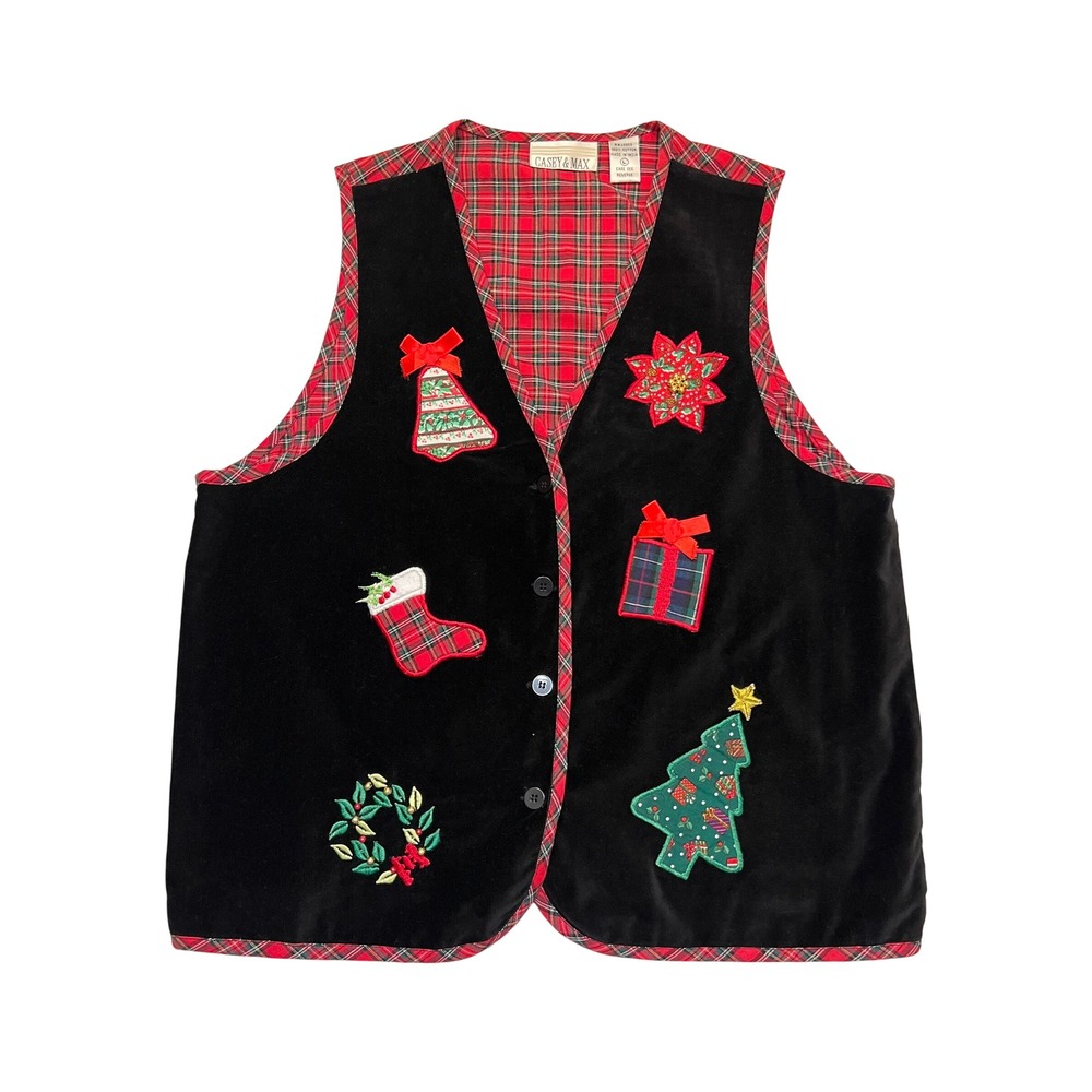 Casey & Max Black Red Plaid Vintage Embroidered Christmas Holiday Vest Size L
